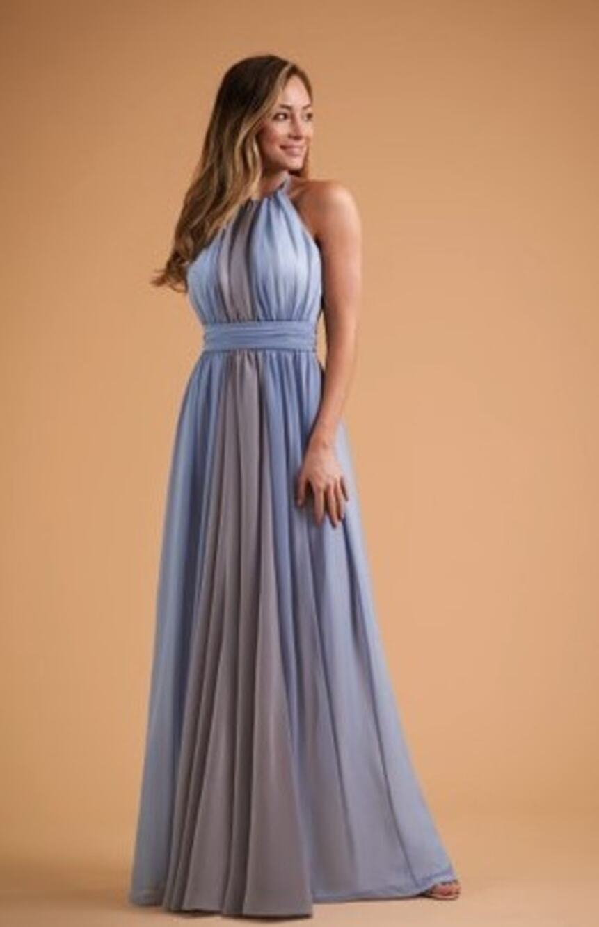 2712 NWT Jasmine Two-Tone Halter Neckline Long Bridesmaid Dress with Waistband